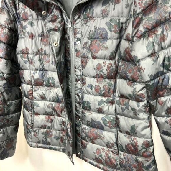 Gap Coat Women's Large Gray Red Floral Puffer Long Sleeve Lined Full Zip Snaps - Picture 4 of 12